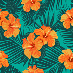 Fotobehang Hibiscus patronen Tropische bloemen palmbladeren naadloos patroon  © Angelina Bambina