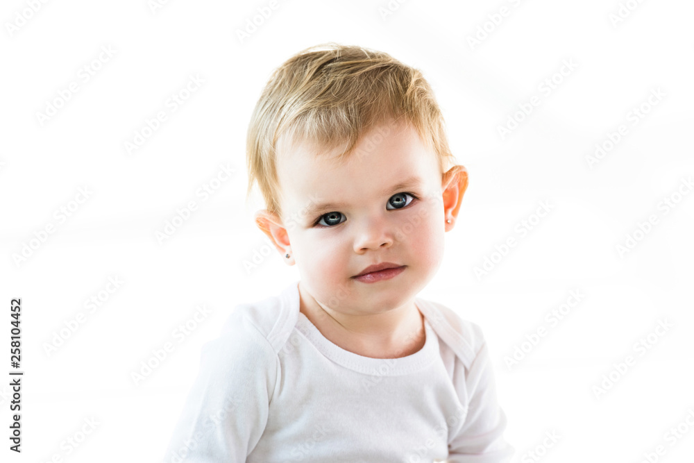 cute child with blonde hair looking at camera isolated on white cute child with blonde hair looking at camera isolated on white