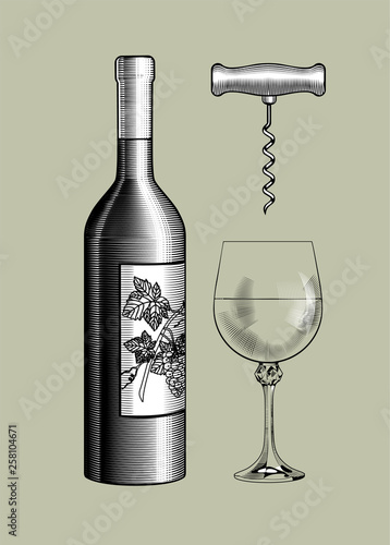 Wine bottle and glass with a corkscrew