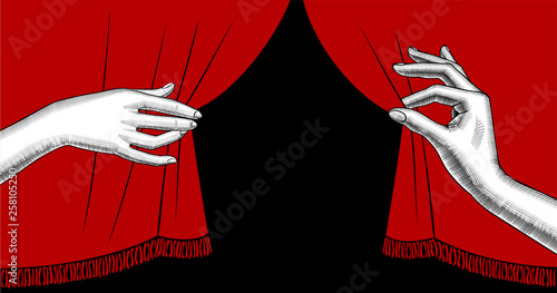 Female hands pulling aside the red curtain on black background. Vector illustration