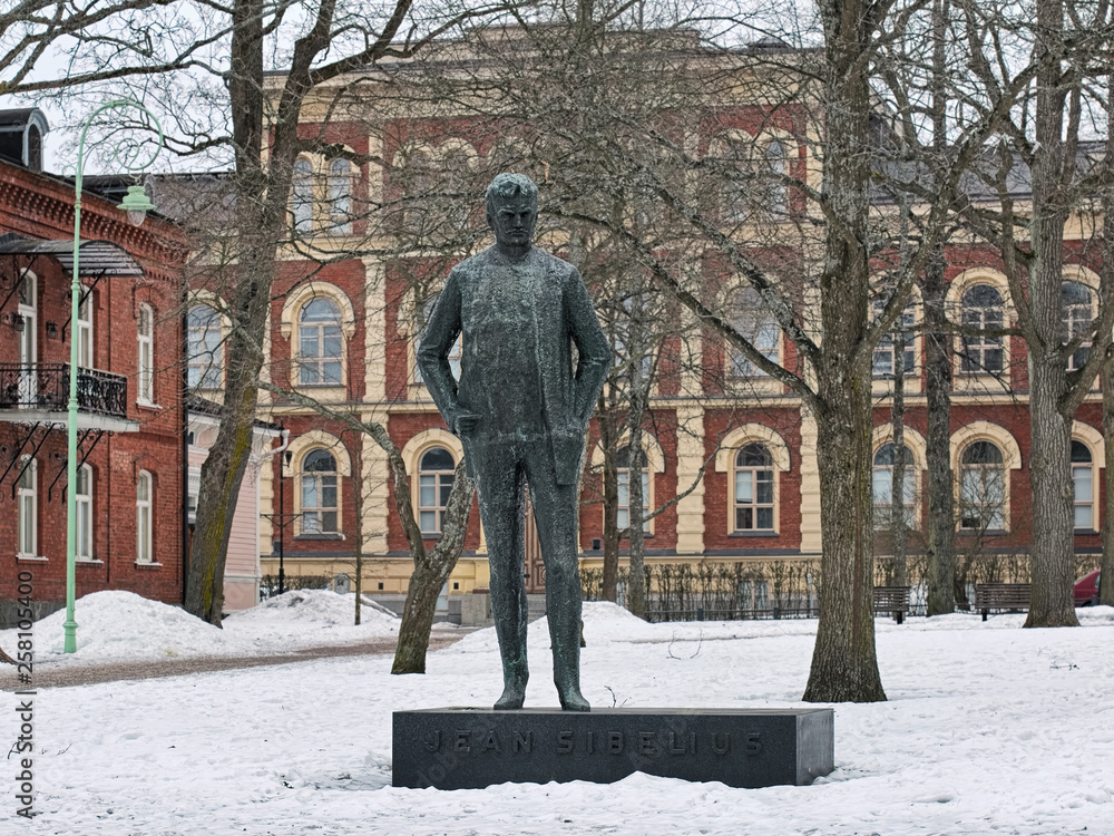 Statue of the Finnish composer Jean Sibelius in Hameenlinna, Finland