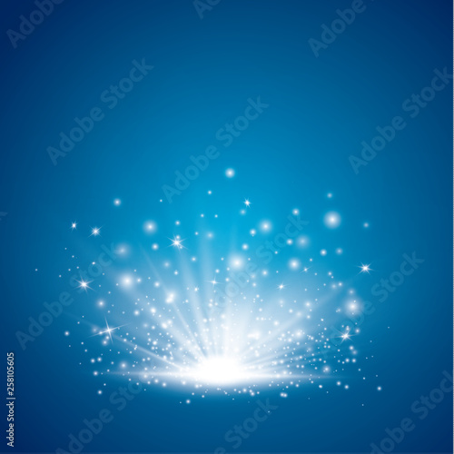 Fototapeta Naklejka Na Ścianę i Meble -  Set. Shining star, the sun particles and sparks with a highlight effect, golden bokeh lights glitter and sequins. On a dark background transparent.