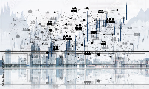 Concept of global communication and networking with world map over cityscape