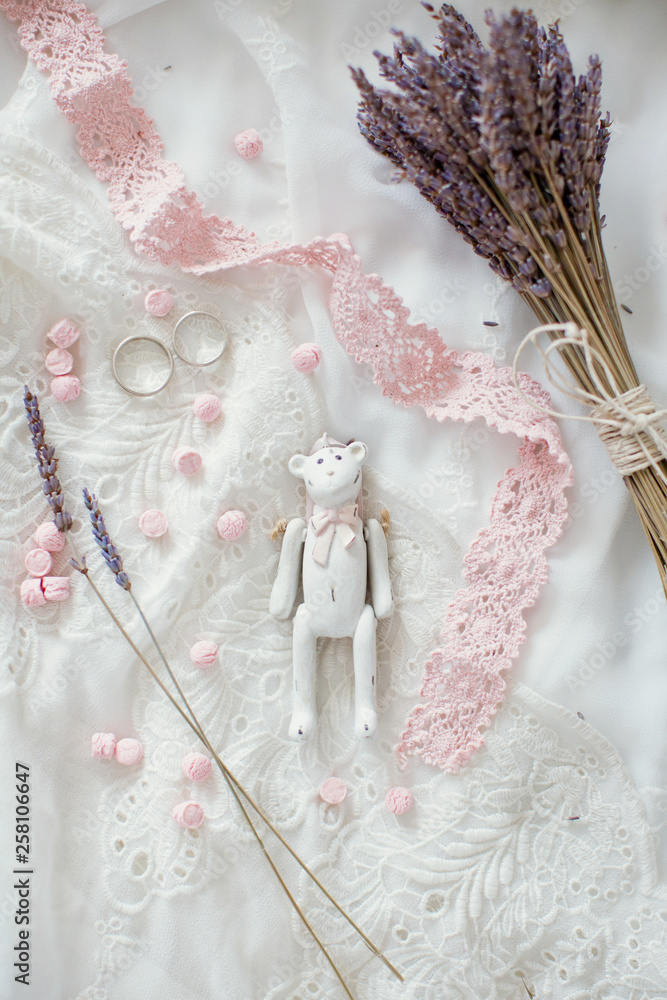 wooden teddy bear, sweets and bouquet of lavender wooden teddy bear, sweets and bouquet of lavender