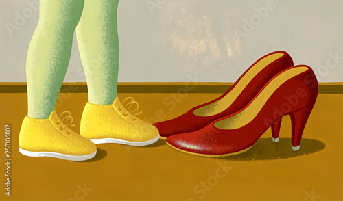 Illustration of low section of girl in shoes standing by mother's stiletto heels