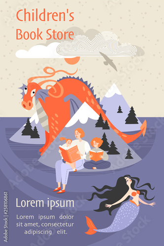 Banner for a children's book store with a family sitting on the beach reading a book and fantastic characters