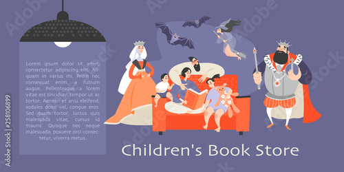 Banner for the children's book store with the family sitting on the couch and reading a book and fantastic characters
