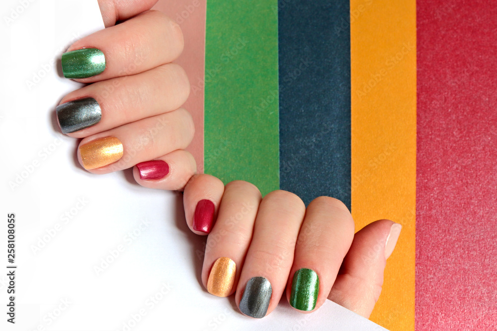 Multi-colored mother of pearl manicure on short nails.Nail art.Nail design red,green,gray,beige,Golden yellow nail Polish. Stock Photo | Adobe Stock Multi-Colored Mother Of Pearl Manicure On Short Nails.Nail Art.Nail Design Red,Green,Gray,Beige,Golden Yellow Nail Polish. Stock Photo | Adobe Stock