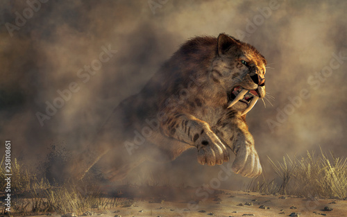 Kicking up a spray of dirt, a massive smilodon, a beast of fur and fang, leaps out of the murky mists. With its muscular frame, razor sharp claws, and long curved teeth, he's a killer. 3D Rendering 