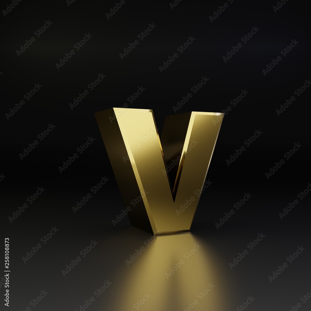 Golden letter V lowercase. 3D render shiny metal font isolated on black background Golden letter V lowercase. 3D render shiny metal font isolated on black background