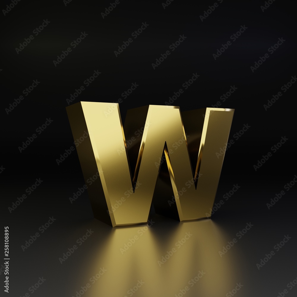 Golden letter W lowercase. 3D render shiny metal font isolated on black background Golden letter W lowercase. 3D render shiny metal font isolated on black background