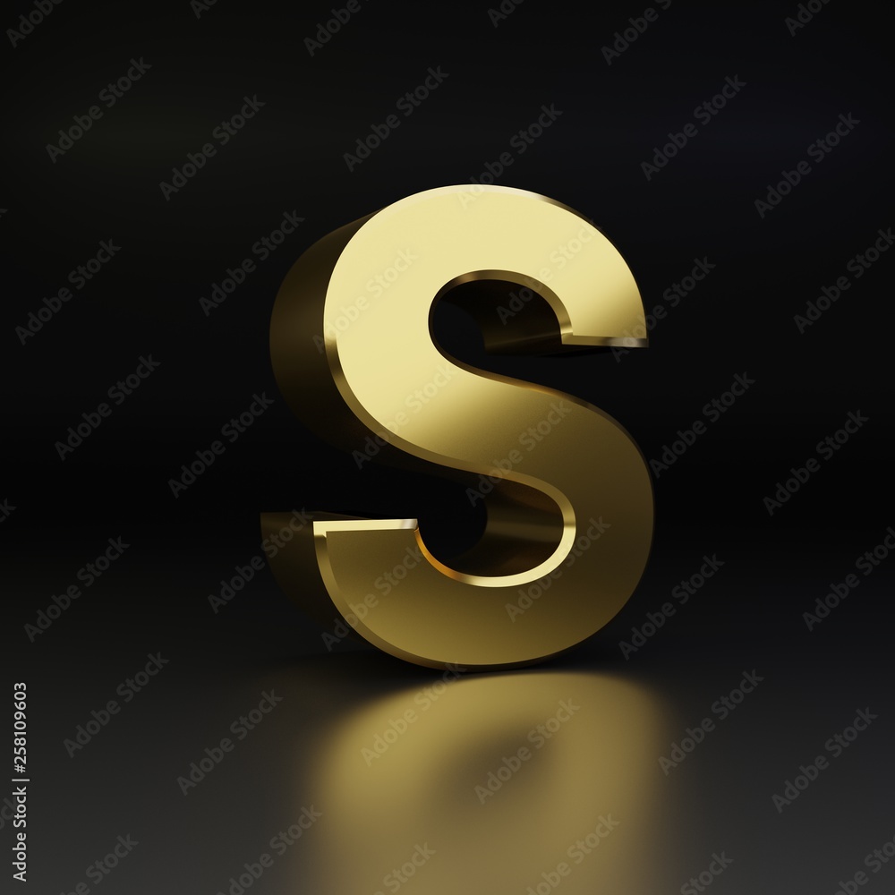 Golden letter S uppercase. 3D render shiny metal font isolated on black background Golden letter S uppercase. 3D render shiny metal font isolated on black background