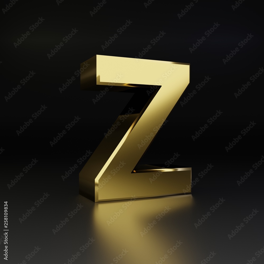 Golden letter Z uppercase. 3D render shiny metal font isolated on black background Golden letter Z uppercase. 3D render shiny metal font isolated on black background