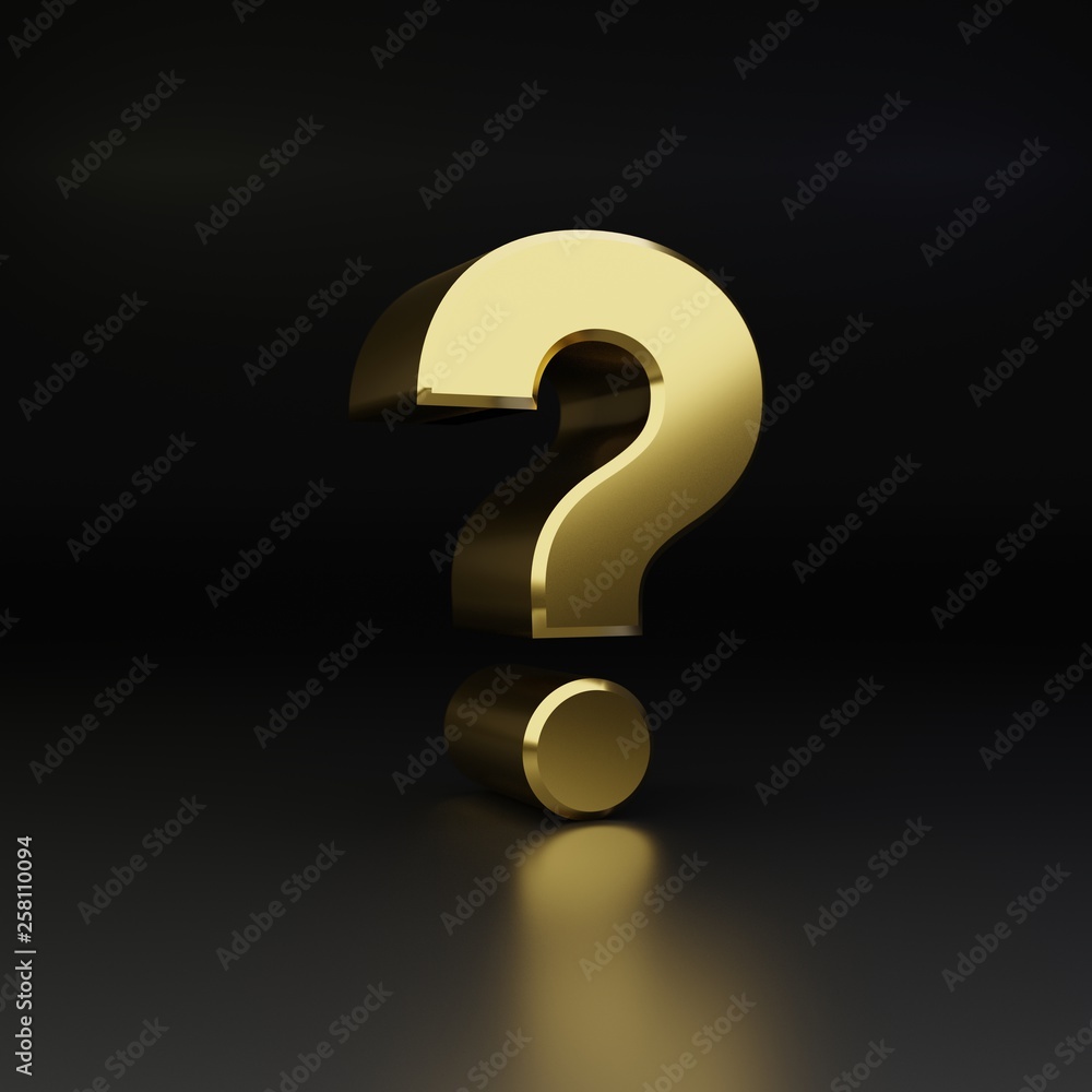 Golden question mark symbol. 3D render shiny metal font isolated on black background Golden question mark symbol. 3D render shiny metal font isolated on black background