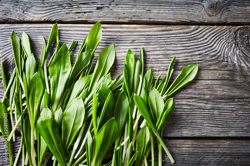 Ramsons  wild garlic on a wooden table