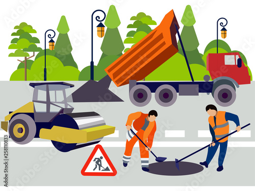 Employees of road works. Equipment and materials for repair. In minimalist style. Flat isometric vector