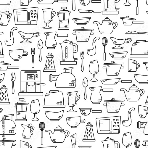 Seamless pattern with kitchen appliances in lines. Background for design. Cooking