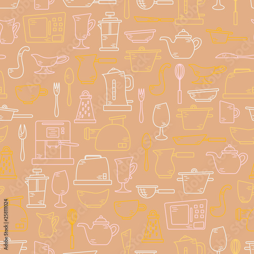Seamless pattern with kitchen appliances in lines. Background for design. Cooking