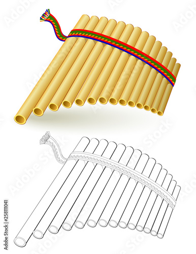 Colorful and black and white pattern for coloring. Fantasy illustration of ancient musical woodwind instrument pan flute in traditional folk South American style. Printable worksheet. Vector image.