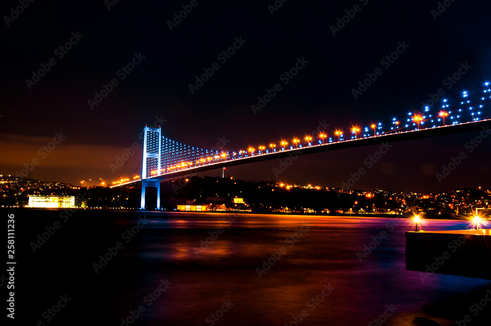 Istanbul Bosphorus Bridge at night. 15th July Martyrs Bridge. Istanbul / Turkey.