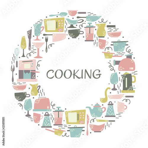 Kitchen appliances in the flat style with doodles. Utensils for cooking. Round frame with a place for text.