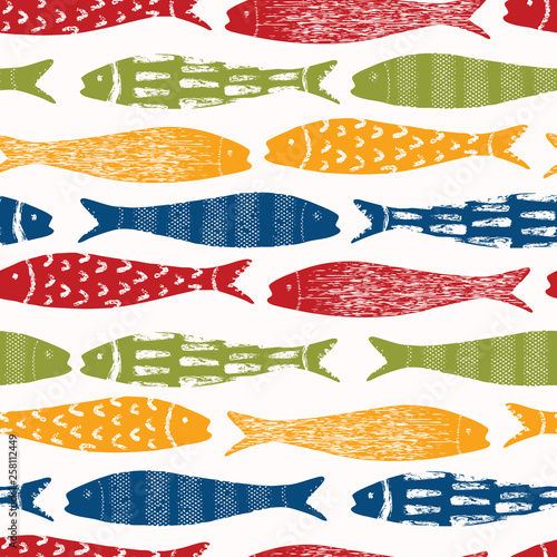 Sardine shoal of fish seamless vector pattern of grilled fishes. Lisbon St Antonio traditional portugese food festival. June Portugal street party. Atlantic ocean animal symbol. Isolated fishing icon