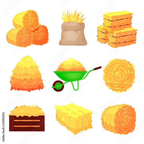 Bales of hay set, yellow agricultural stacks