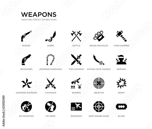 set of 20 black filled vector icons such as blade, burst, samurai, thor hammer, dart board game, boarding, revolvers, brass knuckles, battle, sabre. weapons black icons collection. editable pixel