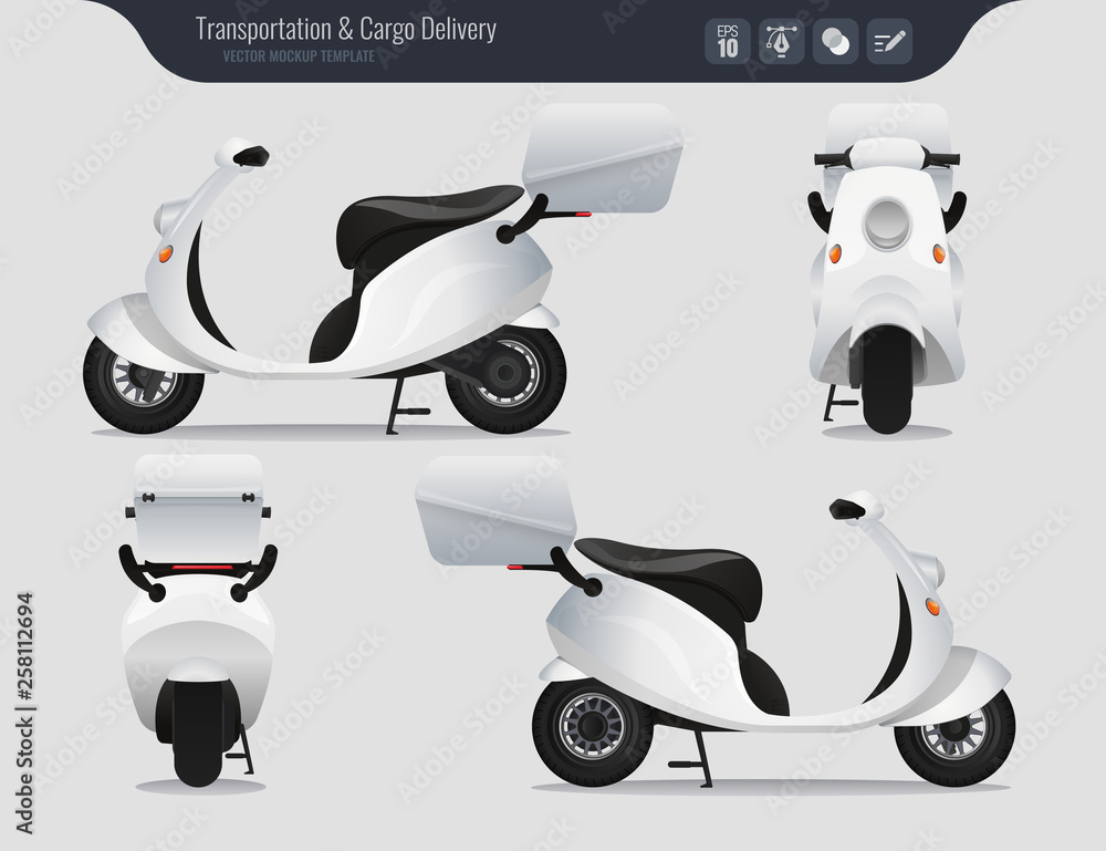Realistic delivery scooter vector mockup. View from side, front and back –  Vector vector de Stock | Adobe Stock