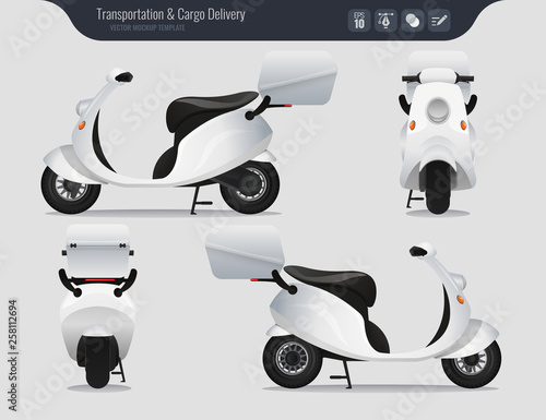 Realistic delivery scooter vector mockup. View from side, front and back – Vector