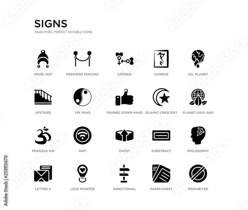 set of 20 black filled vector icons such as prohibited, philosophy, planet grid and a leaf, oil planet, paper sheet, directional, upstairs, chinese, gender, premiere fencing. signs black icons