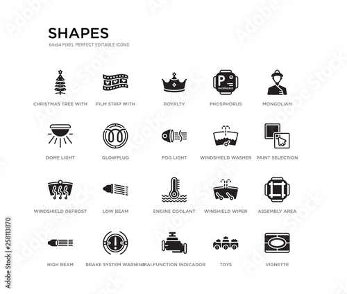 set of 20 black filled vector icons such as vignette, assembly area, paint selection, mongolian, toys, malfunction indicador, dome light, phosphorus, royalty, film strip with heart. shapes black
