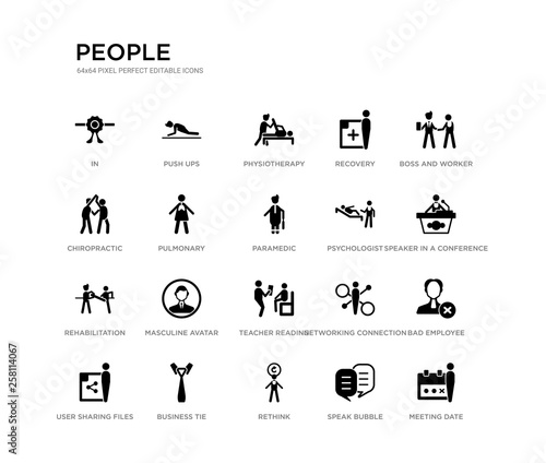 set of 20 black filled vector icons such as meeting date, bad employee, speaker in a conference, boss and worker, speak bubble, rethink, chiropractic, recovery, physiotherapy, push ups. people black