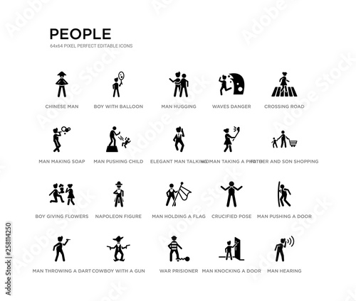 set of 20 black filled vector icons such as man hearing, man pushing a door with his body, father and son shopping, crossing road, man knocking a door, war prisioner, making soap bubbles, waves