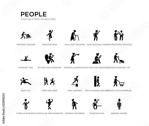 set of 20 black filled vector icons such as queens guard, woman with shopping cart, person mowing the grass, two men with cocktail glasses, smoking man, woman covering, gymnast girl, man walking and