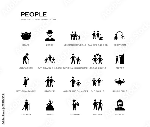 set of 20 black filled vector icons such as bedouin, round table, effort, ecosystem, friends, elegant, old woman, man girl and dog, lesbian couple and son, zorro. people black icons collection.