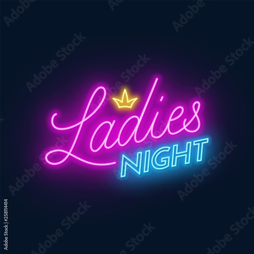 Ladies Night neon lettering on dark background. Vector illustration.