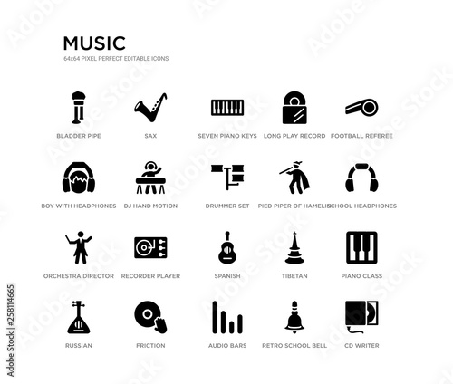 set of 20 black filled vector icons such as cd writer, piano class, school headphones, football referee whistle, retro school bell, audio bars, boy with headphones, long play record cover, seven
