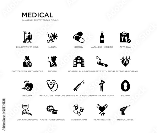 set of 20 black filled vector icons such as medical drill, bedpan, electrocardiogram on heart, approval, heart beating, veterinarian, doctor with stethoscope, japanese medicine bottle, remedy,
