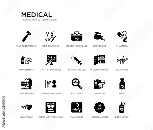set of 20 black filled vector icons such as body lotion, drug, organ theft, pharmacy, hospital cross, plus cross, oxygen mask, doctor cap, doctor briefcase, medical clamp. medical black icons