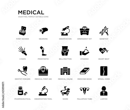set of 20 black filled vector icons such as larynx, spinal cord, heart beat, genetics, fallopian tube, ward, x rays, emergency kit, observation, neurons. medical black icons collection. editable