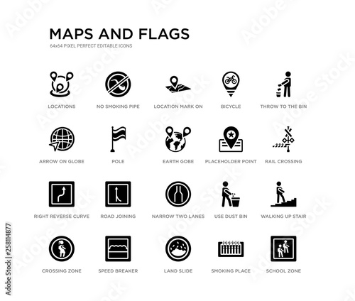 set of 20 black filled vector icons such as school zone, walking up stair, rail crossing, throw to the bin, smoking place, land slide, arrow on globe, bicycle, location mark on printed map, no