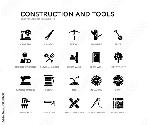 set of 20 black filled vector icons such as scaffolding, drain, improvement, spade, iron soldering, pencil and ruler, mechanic working, jackknife, pickaxe, handsaw. construction and tools black