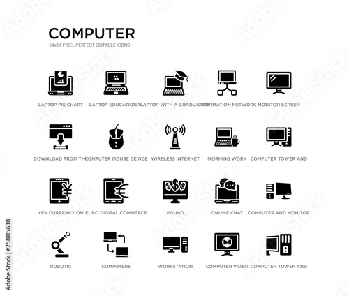 set of 20 black filled vector icons such as computer tower and monitor, computer and monitor, computer tower and the monitor, screen, video, workstation, download from the net, information network,