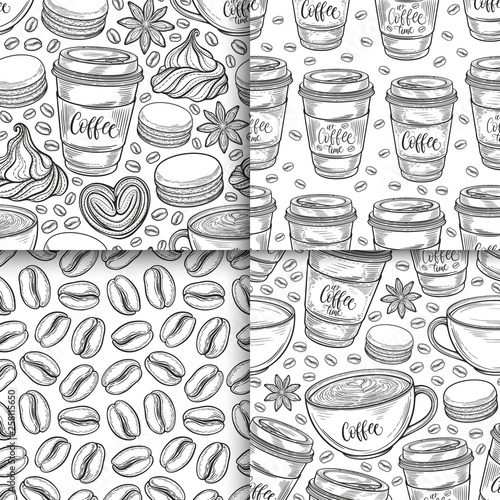 Coffee cups, beans, mugs, macaroons hand drawn seamless pattern set. Monochrome black and white vector background. Decorative sketch doodle illustration