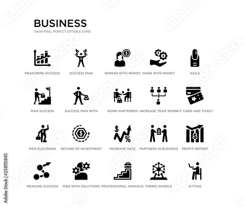 set of 20 black filled vector icons such as sitting, profit report, cit card and ticket, nails, ferris wheels, professional advance, man success, hand with money gear, woman with money, success man.