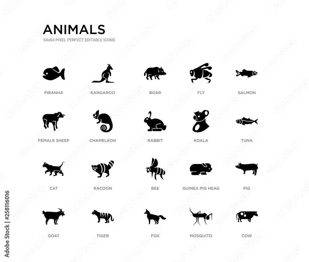 set of 20 black filled vector icons such as cow, pig, tuna, salmon, mosquito, fox, female sheep, fly, boar, kangaroo. animals black icons collection. editable pixel perfect set of 20 black filled vector icons such as cow, pig, tuna, salmon, mosquito, fox, female sheep, fly, boar, kangaroo. animals black icons collection. editable pixel perfect