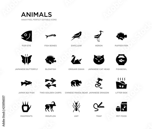 set of 20 black filled vector icons such as pet food, litter box, fishbowl, puffer fish, trap, ant, japanese butterfly, heron, swallow, fish bones. animals black icons collection. editable pixel © Meth Mehr