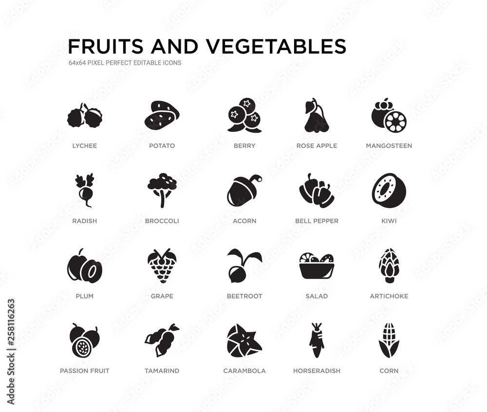 Obraz premium set of 20 black filled vector icons such as corn, artichoke, kiwi, mangosteen, horseradish, carambola, radish, rose apple, berry, potato. fruits and vegetables black icons collection. editable pixel