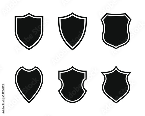 Set icon shields. Protection symbols. Isolated signs black shields on white background. Vector illustration